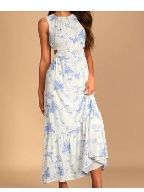 Sleeveless Blue Floral Cutout Maxi Dress - White & Light Blue small Fore